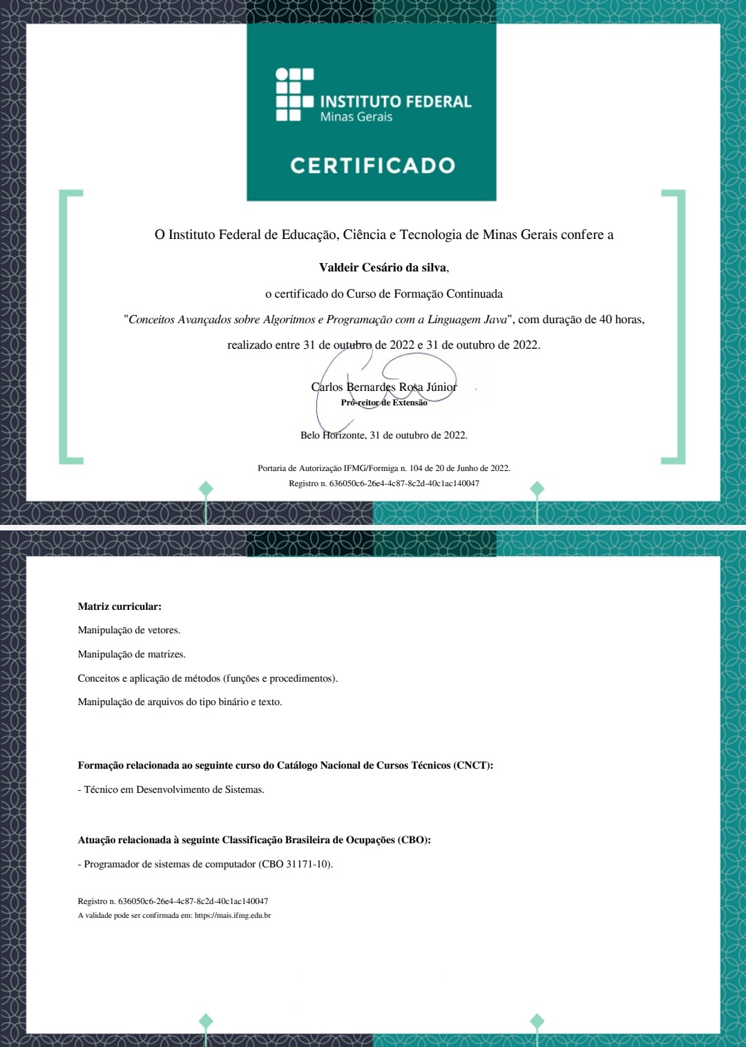 Certificado do curso de Conceitos JAVA